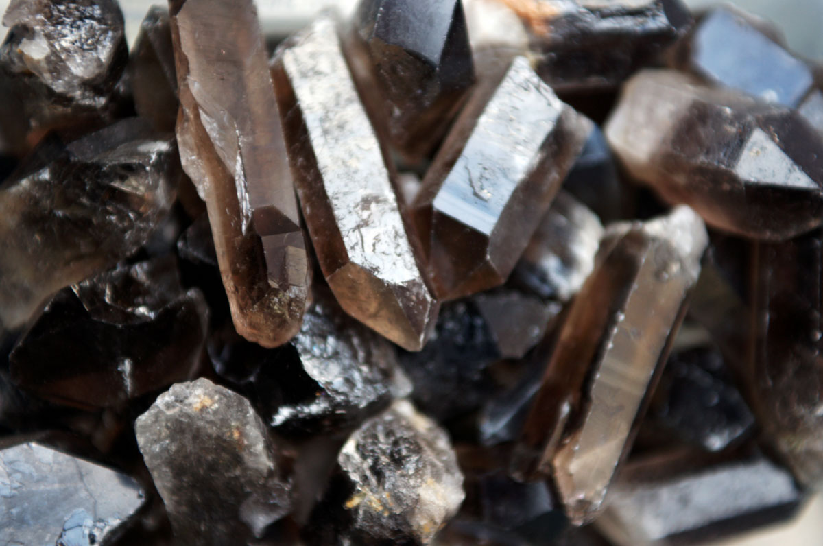 Raw slabs of smoky quartz crystals