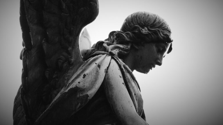 a side view of an angel statue with wings.