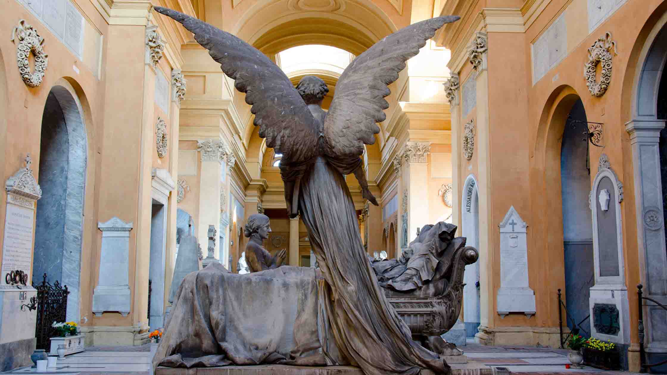 A winged angel statue in a church.