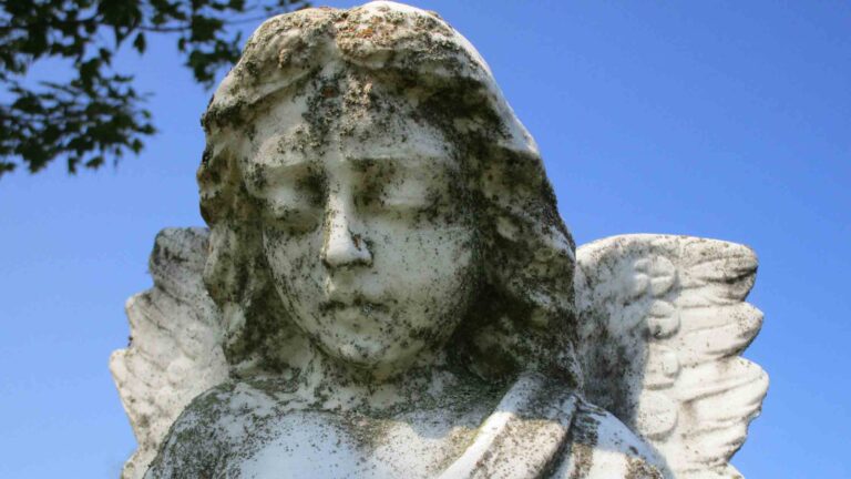 A winged angel statue that appears sad.